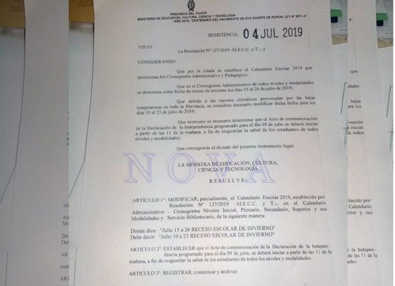 En el Chaco las vacaciones de julio inician el 10 y el acto del 9 de Julio deberá empezar a las 11
