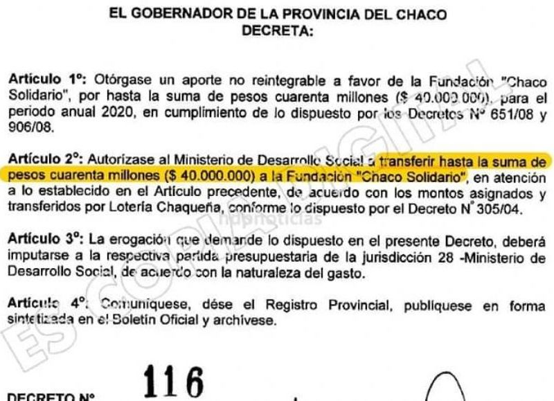Coqui regaló 40 millones de pesos a la Fundación Chaco Solidario; ¿para qué?