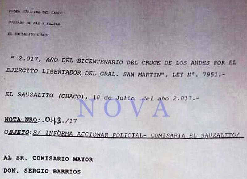 Grave denuncia de Jueza de Paz a Comisario de El Sauzalito