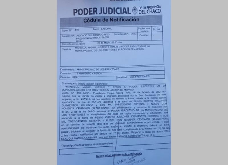Los Frentones: la Justicia intima al Municipio a abonar sueldos adeudados a trabajadores